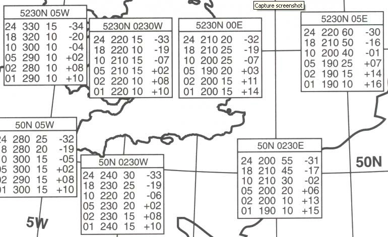 Meteorologija - Na osnovu dijagrama odrediti na visini od 2000f t brzinu vetra i temperaturu za tačku u preseku 50°N 0° E/W (Pogledajte sliku PPL Meteo-1).